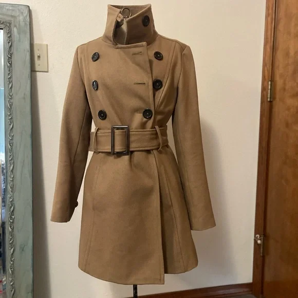 Wool Blend Tan Double-Breasted Coat - Picture 1 of 16
